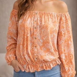 Michael Kors Orange Paisley Off-Shoulder Blouse